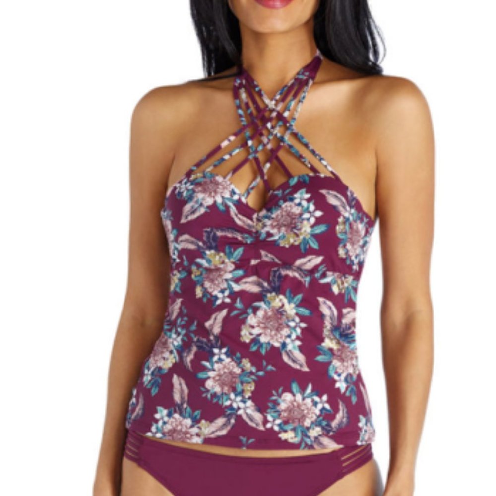 Ambrielle Floral Bandeau Swimsuit Top, Burgundy, M
